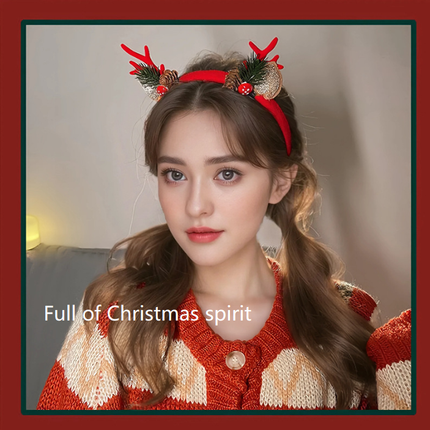 Golden Ball Snowflake Enchanting 5-Piece Christmas Antler Headband Set - Festive Brown Reindeer Hair Accessories for Holiday Gifts.