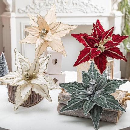 Dazzling 4-Piece 26cm Christmas Poinsettia Flower Set - Red & Gold Glitter Velvet Artificial Flowers for Christmas Tree Decoration & Sprigs.