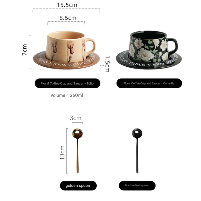Black Camellia Elegant Ceramic Coffee Cup & Saucer Set - Couples Gift Box, Premium Wedding & Bridesmaid Favor, High-End Exquisite Design.