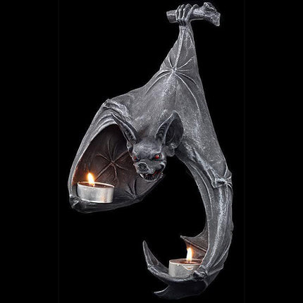 Gothic Bat Wall Tealight Holder - Resin Decor for Spooky Ambiance (16.5x12x22 cm).