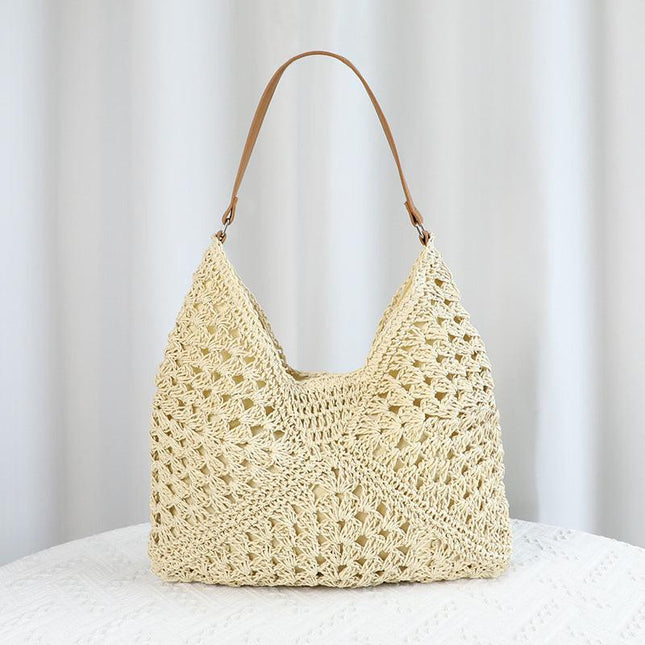 Beige Stylish Woven Shoulder Bag - Fashionable Versatile Handbag & Crossbody Straw Beach Tote (39x27x39 cm).