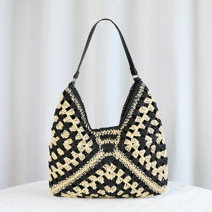 Black Stylish Woven Shoulder Bag - Fashionable Versatile Handbag & Crossbody Straw Beach Tote (39x27x39 cm).