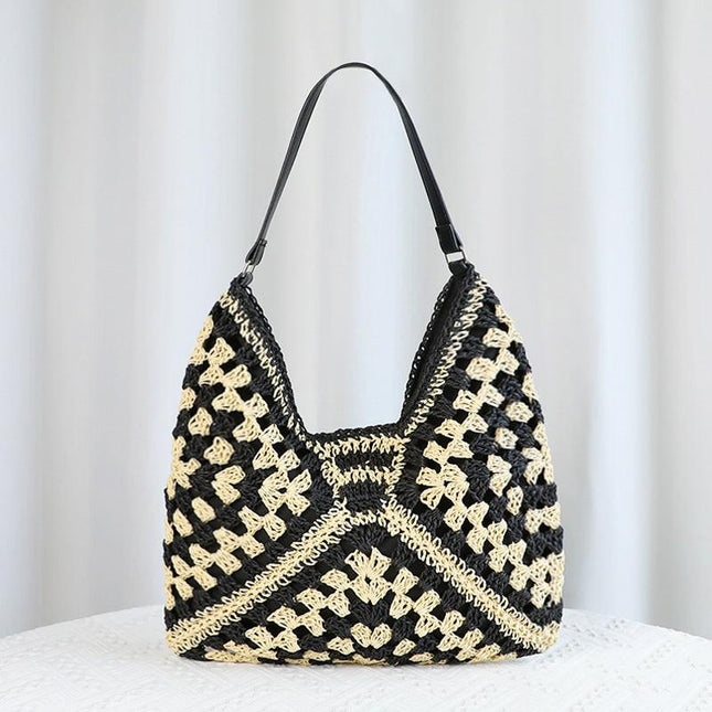 Black Stylish Woven Shoulder Bag - Fashionable Versatile Handbag & Crossbody Straw Beach Tote (39x27x39 cm).