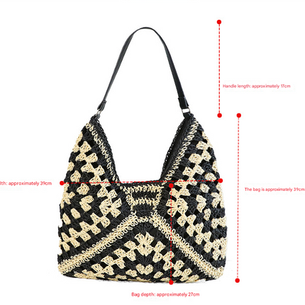Black Stylish Woven Shoulder Bag - Fashionable Versatile Handbag & Crossbody Straw Beach Tote (39x27x39 cm).