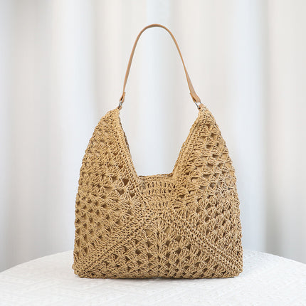 Khaki Stylish Woven Shoulder Bag - Fashionable Versatile Handbag & Crossbody Straw Beach Tote (39x27x39 cm).