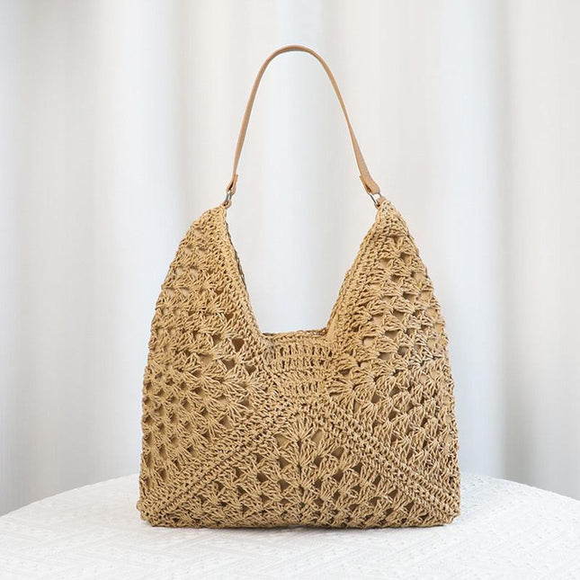 Khaki Stylish Woven Shoulder Bag - Fashionable Versatile Handbag & Crossbody Straw Beach Tote (39x27x39 cm).