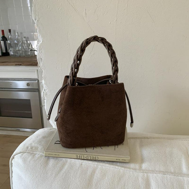Coffee Retro Maillard Brown Mini Bag - 2025 New Casual Versatile Women's Crossbody & Exquisite Braided Handle Bucket Bag (15x12x14 cm).