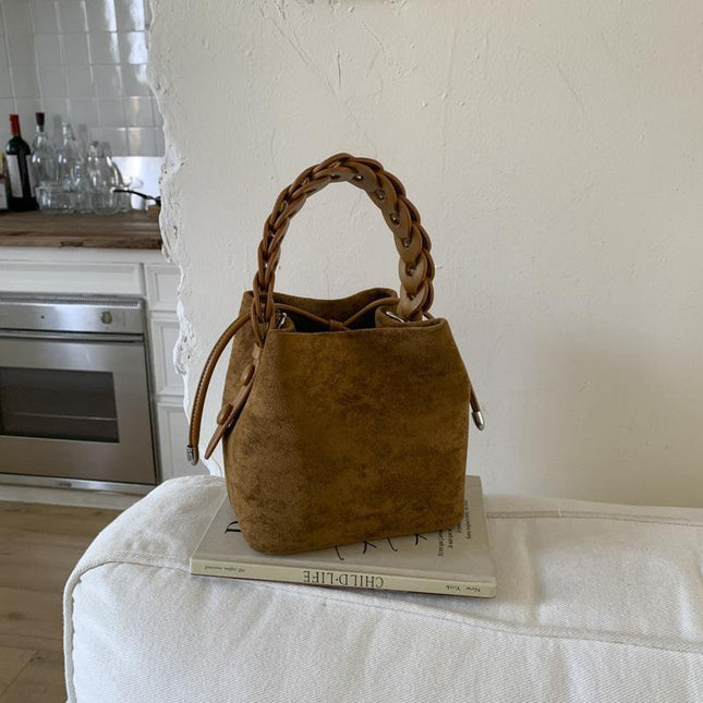Brown Retro Maillard Brown Mini Bag - 2025 New Casual Versatile Women's Crossbody & Exquisite Braided Handle Bucket Bag (15x12x14 cm).