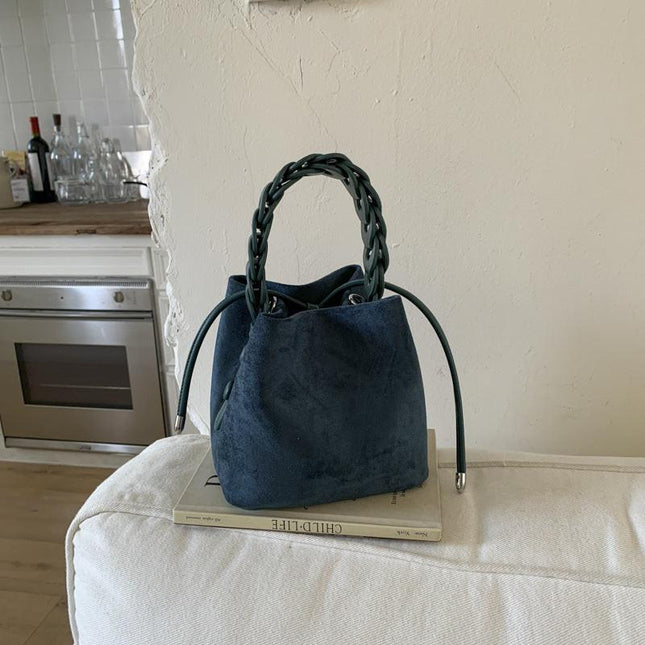 Blue Retro Maillard Brown Mini Bag - 2025 New Casual Versatile Women's Crossbody & Exquisite Braided Handle Bucket Bag (15x12x14 cm).