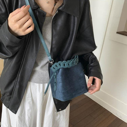 Blue Retro Maillard Brown Mini Bag - 2025 New Casual Versatile Women's Crossbody & Exquisite Braided Handle Bucket Bag (15x12x14 cm).