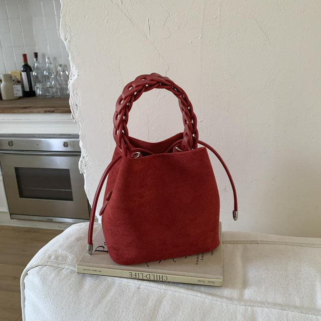 Red Retro Maillard Brown Mini Bag - 2025 New Casual Versatile Women's Crossbody & Exquisite Braided Handle Bucket Bag (15x12x14 cm).