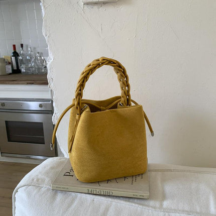 Yellow Retro Maillard Brown Mini Bag - 2025 New Casual Versatile Women's Crossbody & Exquisite Braided Handle Bucket Bag (15x12x14 cm).