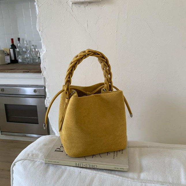 Yellow Retro Maillard Brown Mini Bag - 2025 New Casual Versatile Women's Crossbody & Exquisite Braided Handle Bucket Bag (15x12x14 cm).