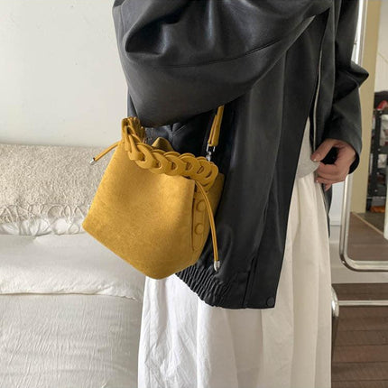 Yellow Retro Maillard Brown Mini Bag - 2025 New Casual Versatile Women's Crossbody & Exquisite Braided Handle Bucket Bag (15x12x14 cm).