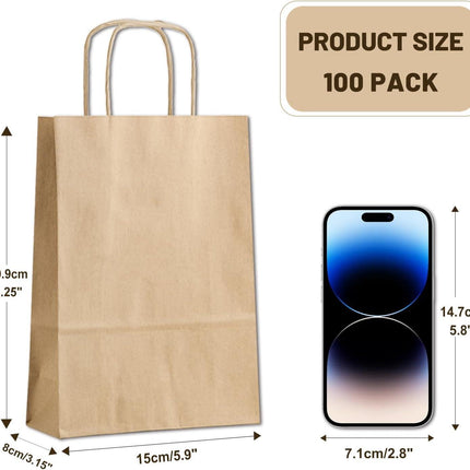 Gift Bags 8.25"X5.9 "X3.15" 100pcs Brown Kraft Paper Bag with Handles for Small Business Christmas Bulk, Wedding, Party Favor, Shopping, Lunch, Halloween Trick-or-Treat Bags.