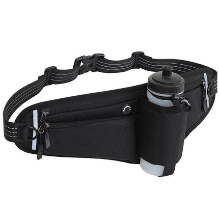 Black Adjustable Running Waist Pack with Water Bottle Holder, Reflective Design, and Multiple Storage Pockets for Outdoor Activities.