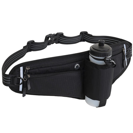 Black Adjustable Running Waist Pack with Water Bottle Holder, Reflective Design, and Multiple Storage Pockets for Outdoor Activities.