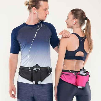 Black Adjustable Running Waist Pack with Water Bottle Holder, Reflective Design, and Multiple Storage Pockets for Outdoor Activities.