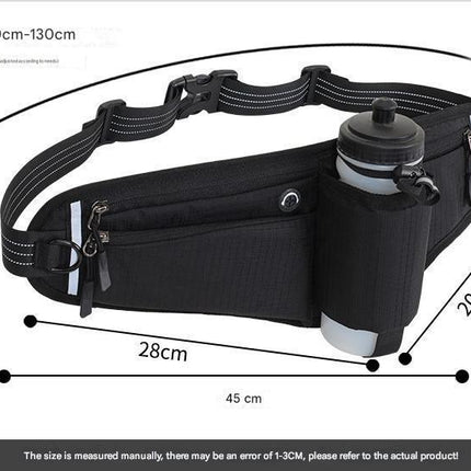 Black Adjustable Running Waist Pack with Water Bottle Holder, Reflective Design, and Multiple Storage Pockets for Outdoor Activities.