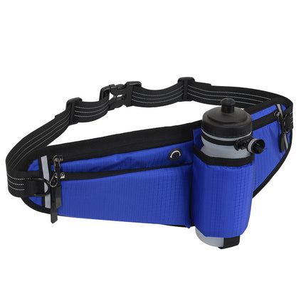 Blue Adjustable Running Waist Pack with Water Bottle Holder, Reflective Design, and Multiple Storage Pockets for Outdoor Activities.