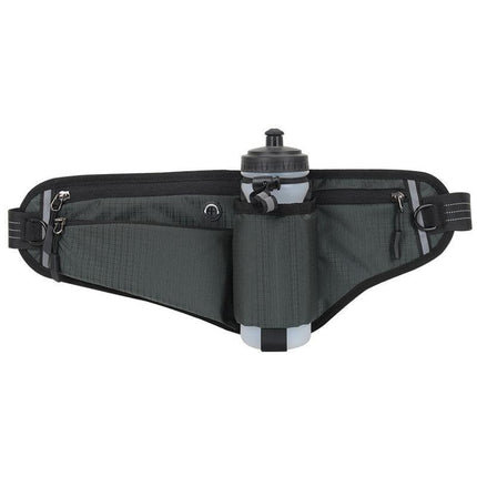 Dark Grey Adjustable Running Waist Pack with Water Bottle Holder, Reflective Design, and Multiple Storage Pockets for Outdoor Activities.