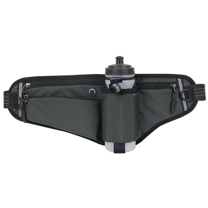 Dark Grey Adjustable Running Waist Pack with Water Bottle Holder, Reflective Design, and Multiple Storage Pockets for Outdoor Activities.