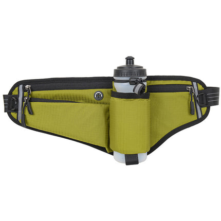 Green Adjustable Running Waist Pack with Water Bottle Holder, Reflective Design, and Multiple Storage Pockets for Outdoor Activities.