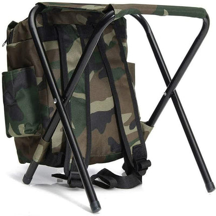 Camouflage Foldable Backpack with Built-in Chair – Multi-Functional Outdoor Camping Stool Bag.