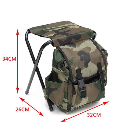 Camouflage Foldable Backpack with Built-in Chair – Multi-Functional Outdoor Camping Stool Bag.