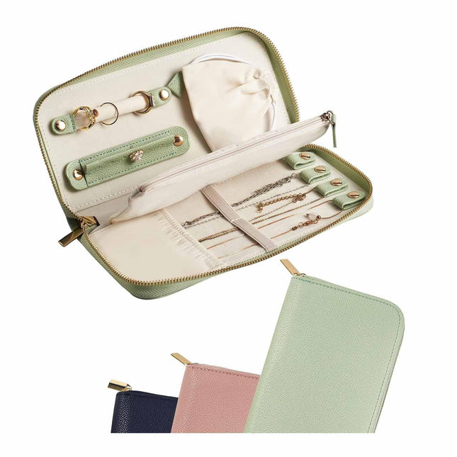 Green Portable Travel Jewelry Organizer - Anti-Tangle Storage for Necklaces, Earrings, Rings & Bracelets (24.9x11.4 cm).