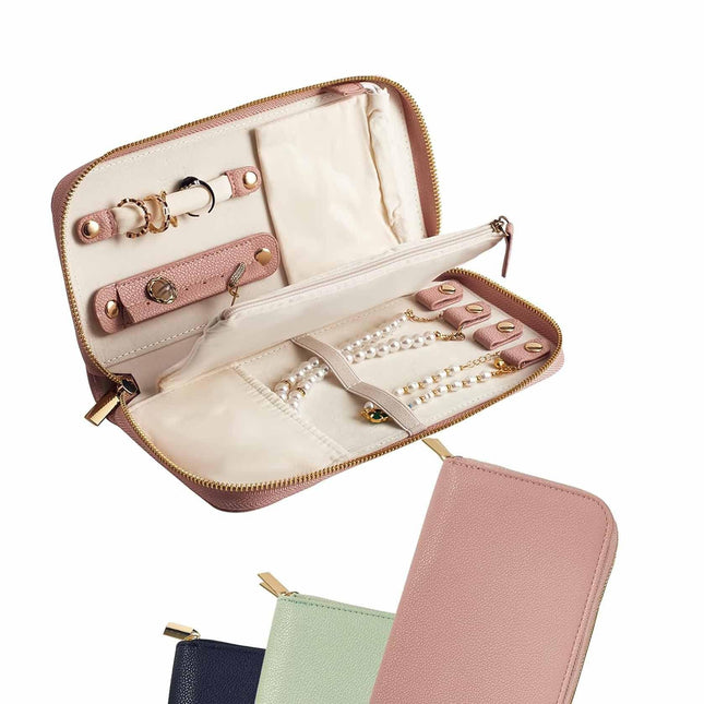 Pink Portable Travel Jewelry Organizer - Anti-Tangle Storage for Necklaces, Earrings, Rings & Bracelets (24.9x11.4 cm).