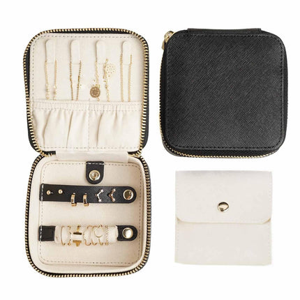 Black "Small But Mighty" Leather Jewelry Box - Portable Organizer for Earrings, Necklaces, Rings & More (4x4x2 inches).