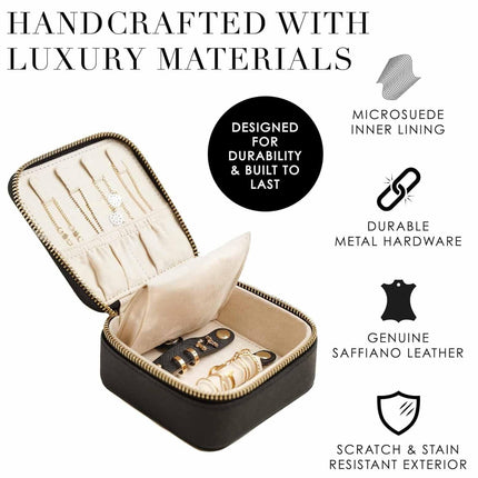 Black "Small But Mighty" Leather Jewelry Box - Portable Organizer for Earrings, Necklaces, Rings & More (4x4x2 inches).