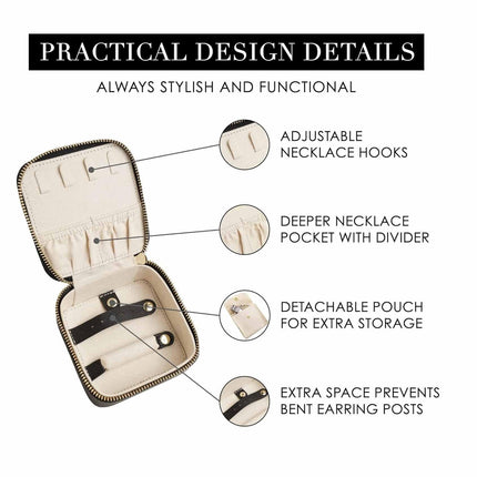 Black "Small But Mighty" Leather Jewelry Box - Portable Organizer for Earrings, Necklaces, Rings & More (4x4x2 inches).