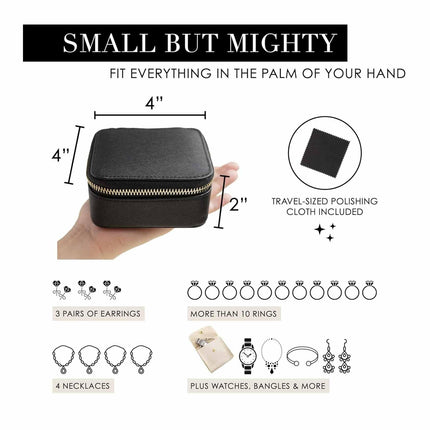 Black "Small But Mighty" Leather Jewelry Box - Portable Organizer for Earrings, Necklaces, Rings & More (4x4x2 inches).