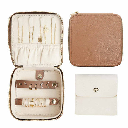 Brown "Small But Mighty" Leather Jewelry Box - Portable Organizer for Earrings, Necklaces, Rings & More (4x4x2 inches).