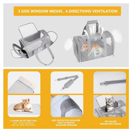 Grey Large Cat & Small Dog Carrier - Soft-Sided, Foldable & Breathable Pet Travel Bag (43x30x28 cm).