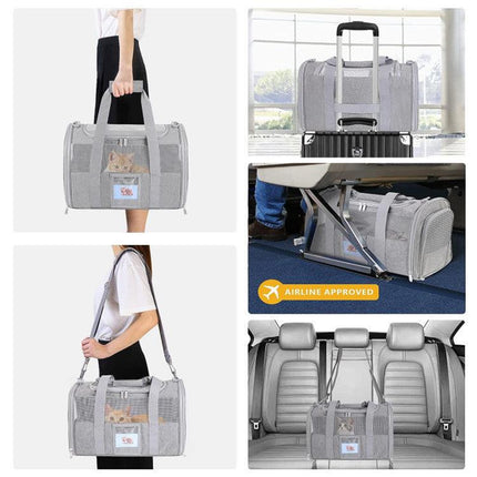 Grey Large Cat & Small Dog Carrier - Soft-Sided, Foldable & Breathable Pet Travel Bag (43x30x28 cm).