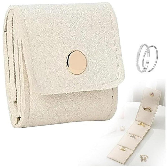 Beige Portable Mini Jewelry Pouch Soft Velvet Travel Organizer for Rings and Earrings Compact Snap Button Storage Bag Ideal for Daily Use.
