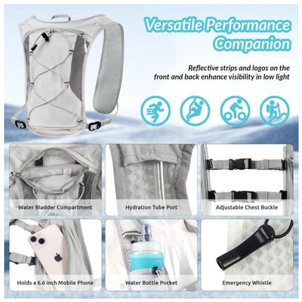 Grey Lightweight Hydration Backpack with 1.5L Water Bladder Compact Cycling Running Pack for Hiking and Outdoor Sports Ideal for Australian Adventures.