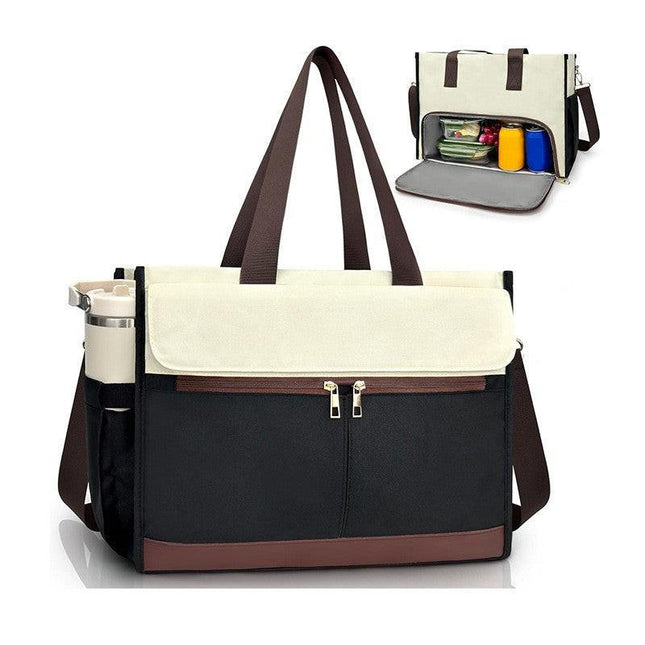 Black-brown Large Capacity Insulated Lunch Tote Bag with Shoulder Strap Leakproof Cooler Handbag Multi-Pocket Work Organizer for Office and Picnics.