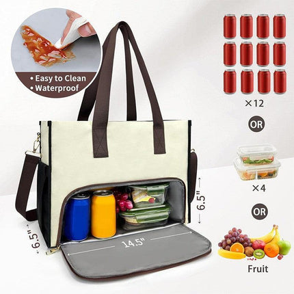 Black-brown Large Capacity Insulated Lunch Tote Bag with Shoulder Strap Leakproof Cooler Handbag Multi-Pocket Work Organizer for Office and Picnics.