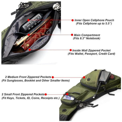 Green Tactical Style Sling Bag Crossbody Chest Pack Lightweight Daypack for Travel Hiking and Cycling Fits 8.3 Inch Notebook Ideal for Australian Outdoors.