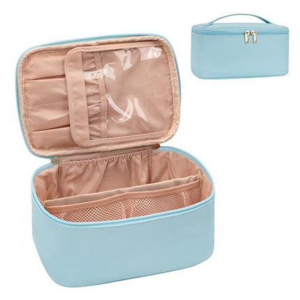 Blue Large Capacity Travel Makeup Bag Portable Cosmetic Case with Handle and Dividers Elegant Toiletry Organizer for Daily Use.