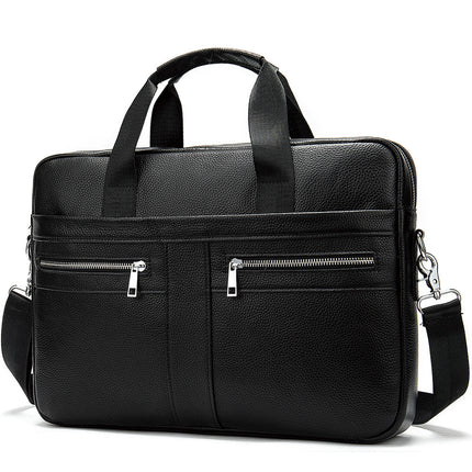 Black Men's Vintage Genuine Leather Briefcase 14 Inch Laptop Messenger Bag Business Shoulder Satchel with Dual Front Pockets Ideal for Office Work.