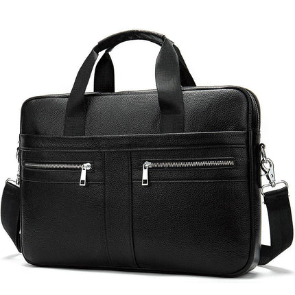 Black Men's Vintage Genuine Leather Briefcase 14 Inch Laptop Messenger Bag Business Shoulder Satchel with Dual Front Pockets Ideal for Office Work.