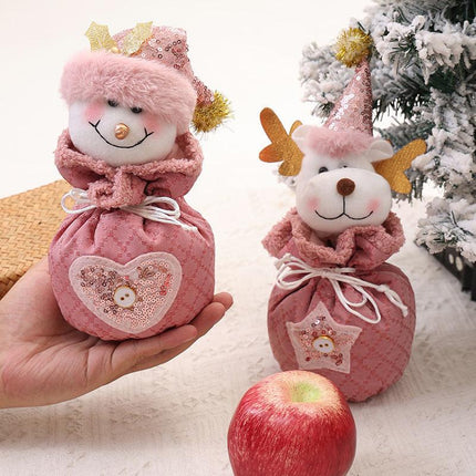 3 Pack Pink Christmas Drawstring Gift Bags Plush 3D Santa Snowman Reindeer Candy Pouches for Holiday Favours.