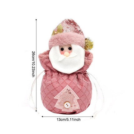 3 Pack Pink Christmas Drawstring Gift Bags Plush 3D Santa Snowman Reindeer Candy Pouches for Holiday Favours.