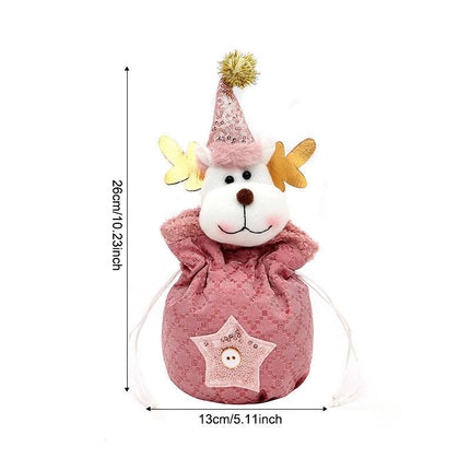 3 Pack Pink Christmas Drawstring Gift Bags Plush 3D Santa Snowman Reindeer Candy Pouches for Holiday Favours.