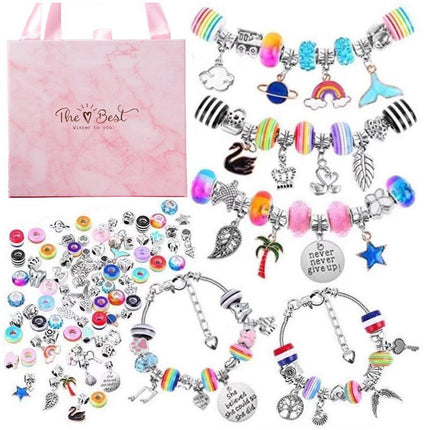 93 Piece DIY Charm Bracelet and Necklace Making Kit for Girls Creative Jewelry Craft Set with Rainbow Beads and Silver Pendants Ideal Kids Gift.